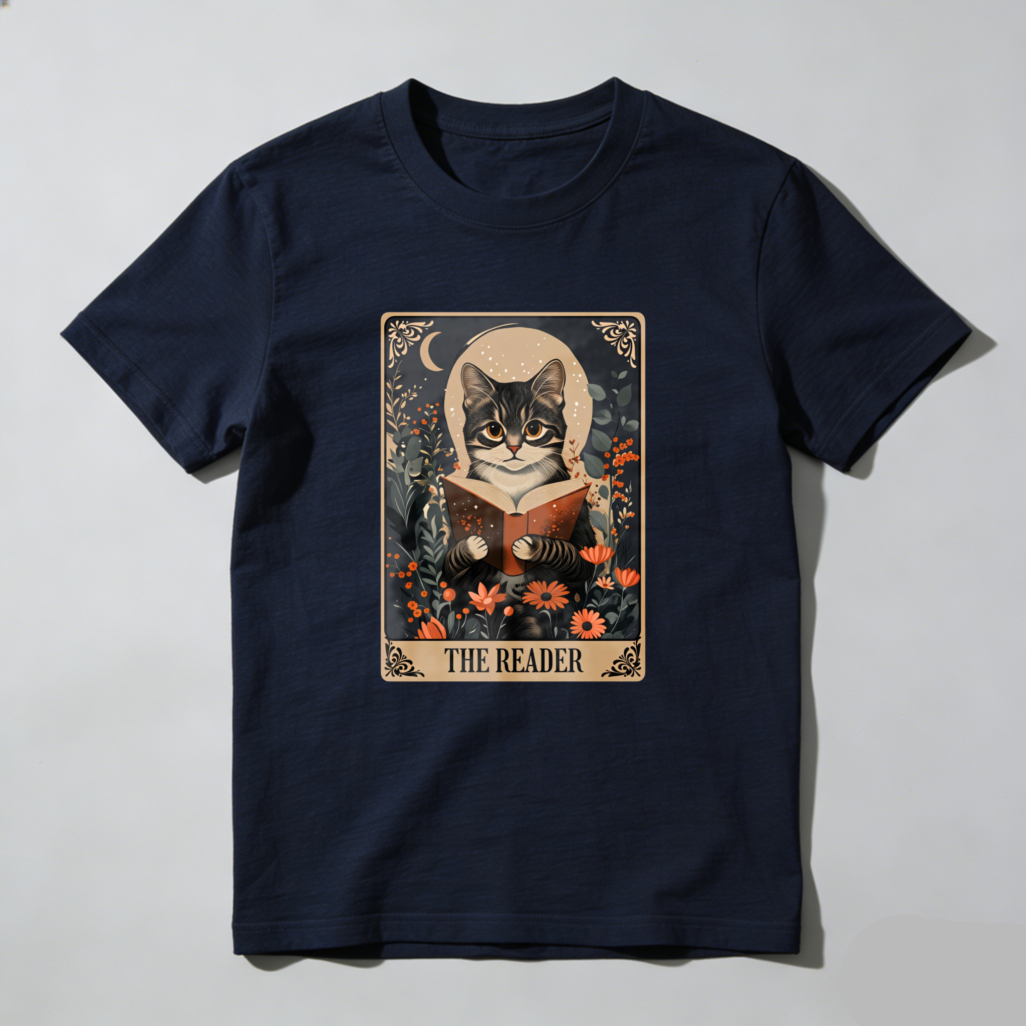 Wardrobecart Cat Reading Book Floral Moon Design Tshirt