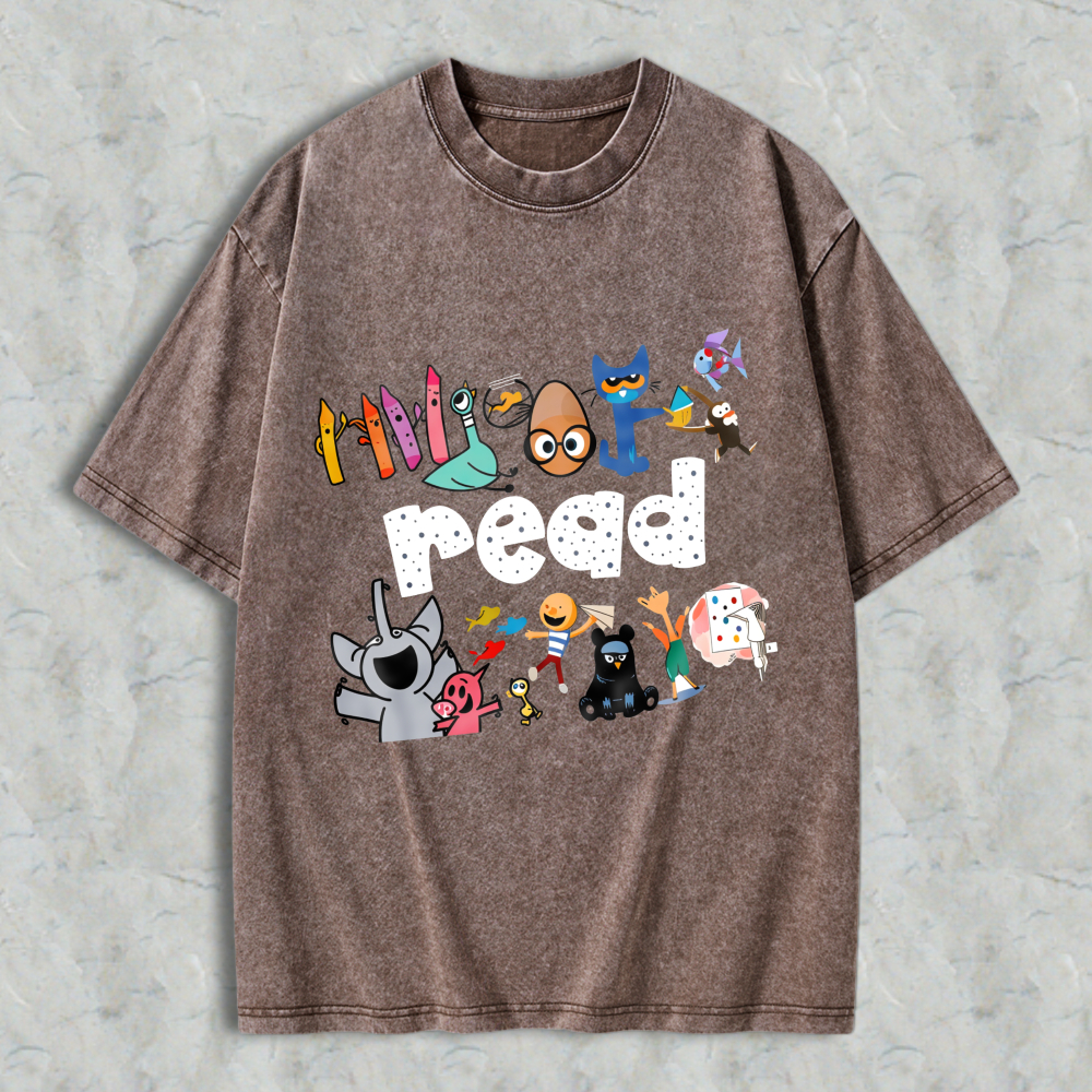 Wardrobecart Cartoon Characters And Crayons Read Unisex Washed T-shirt