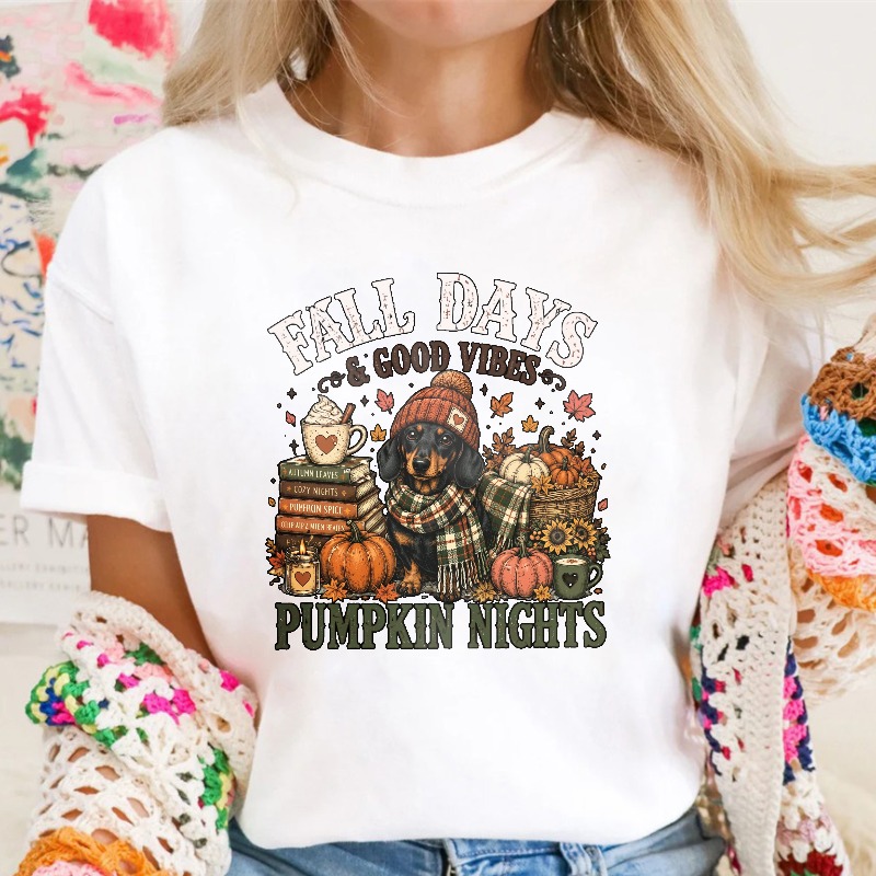 Fall Days And Good Vibes Pumpkin Nights Dachshund With Books And Pumpkins Autumn Season Graphic, Unisex Classic T-shirt