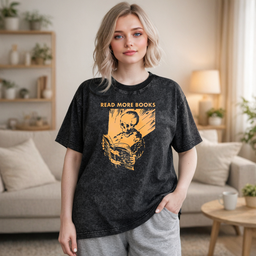 Wardrobecart Skeleton Reading Book Read More Books Unisex Washed T-shirt