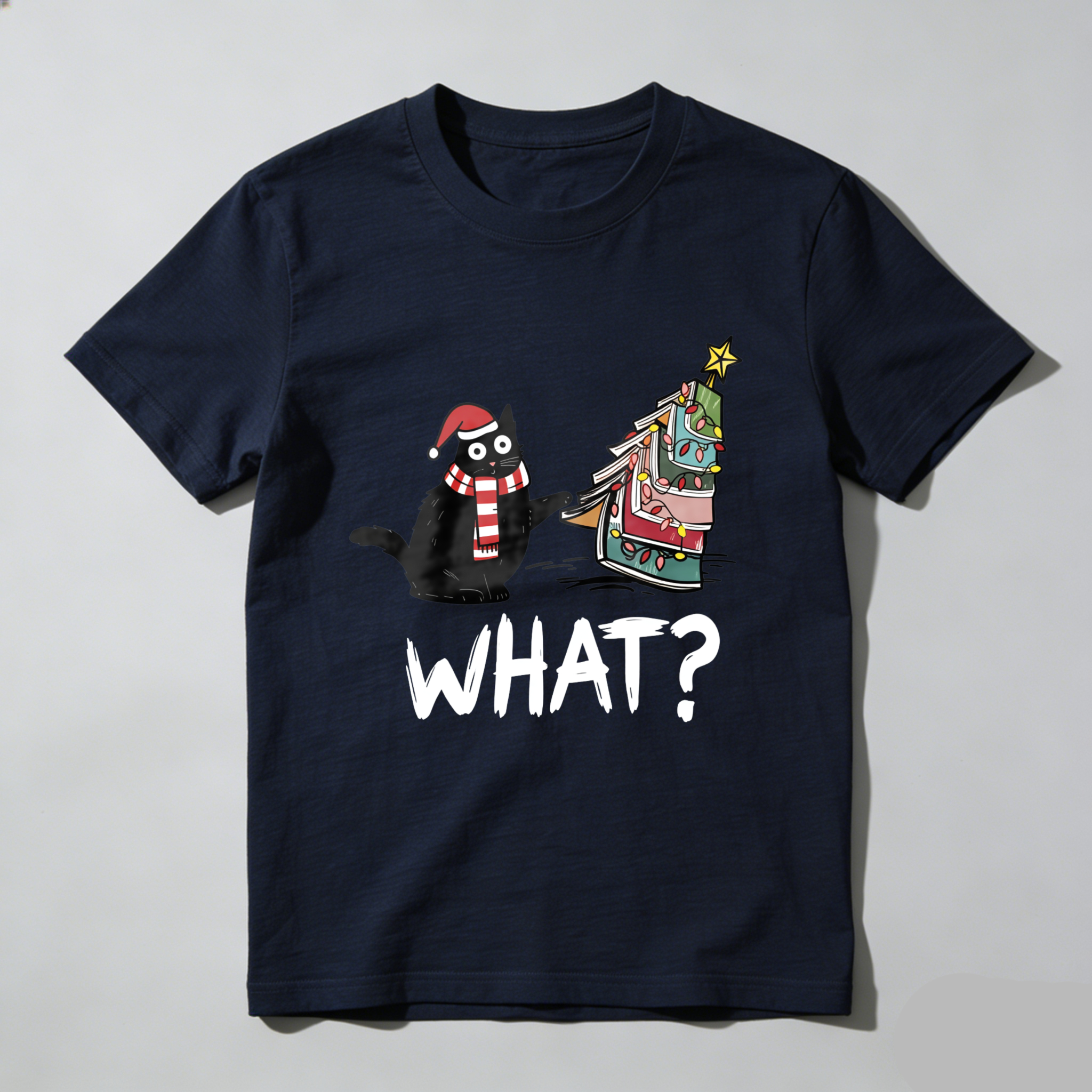 Wardrobecart Cat Wearing Santa Hat And Scarf   Christmas Tree Made Of Books   What Question Mark Below Tshirt