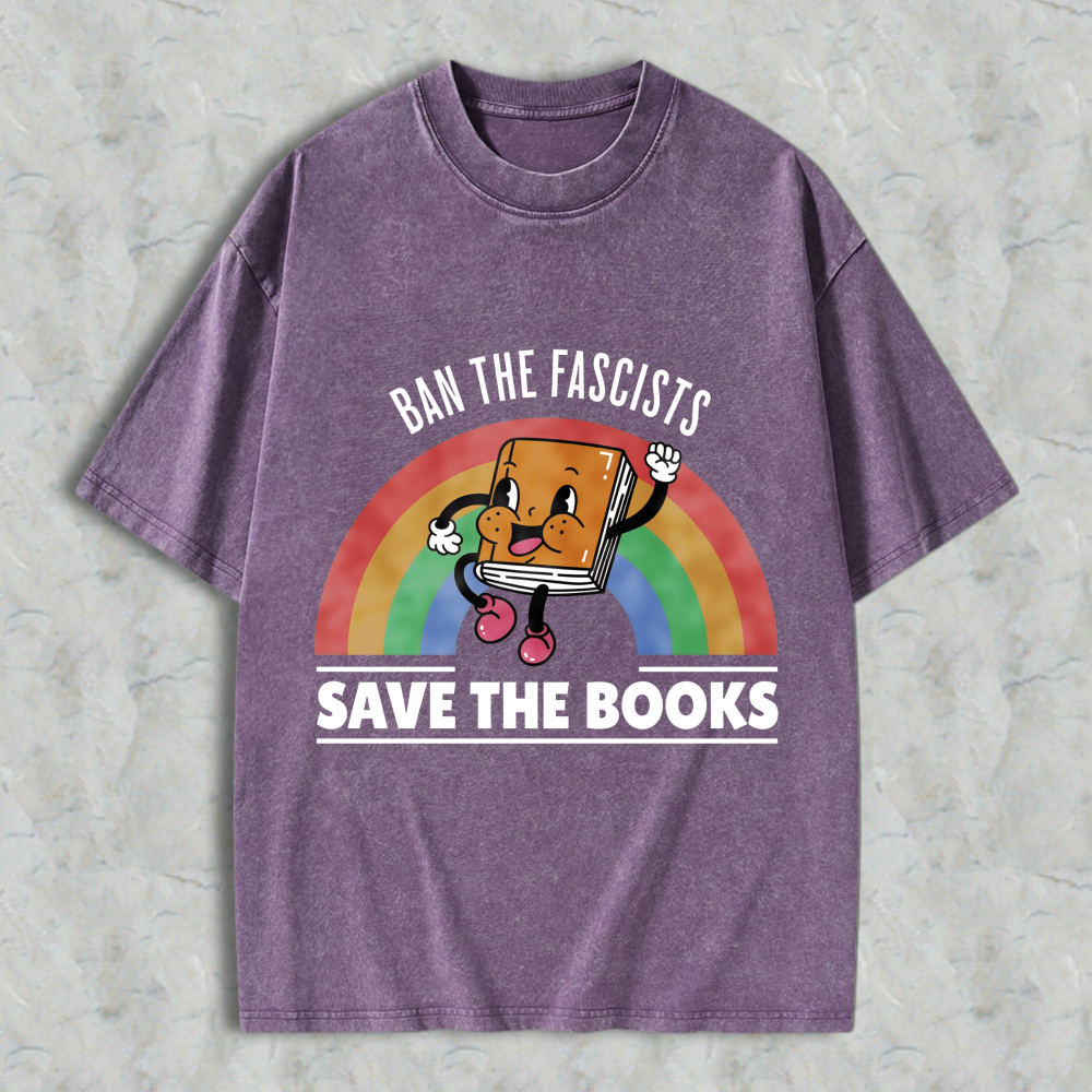 Wardrobecart Ban The Fascists Save The Books Book Character Rainbow Design Unisex Washed T-shirt