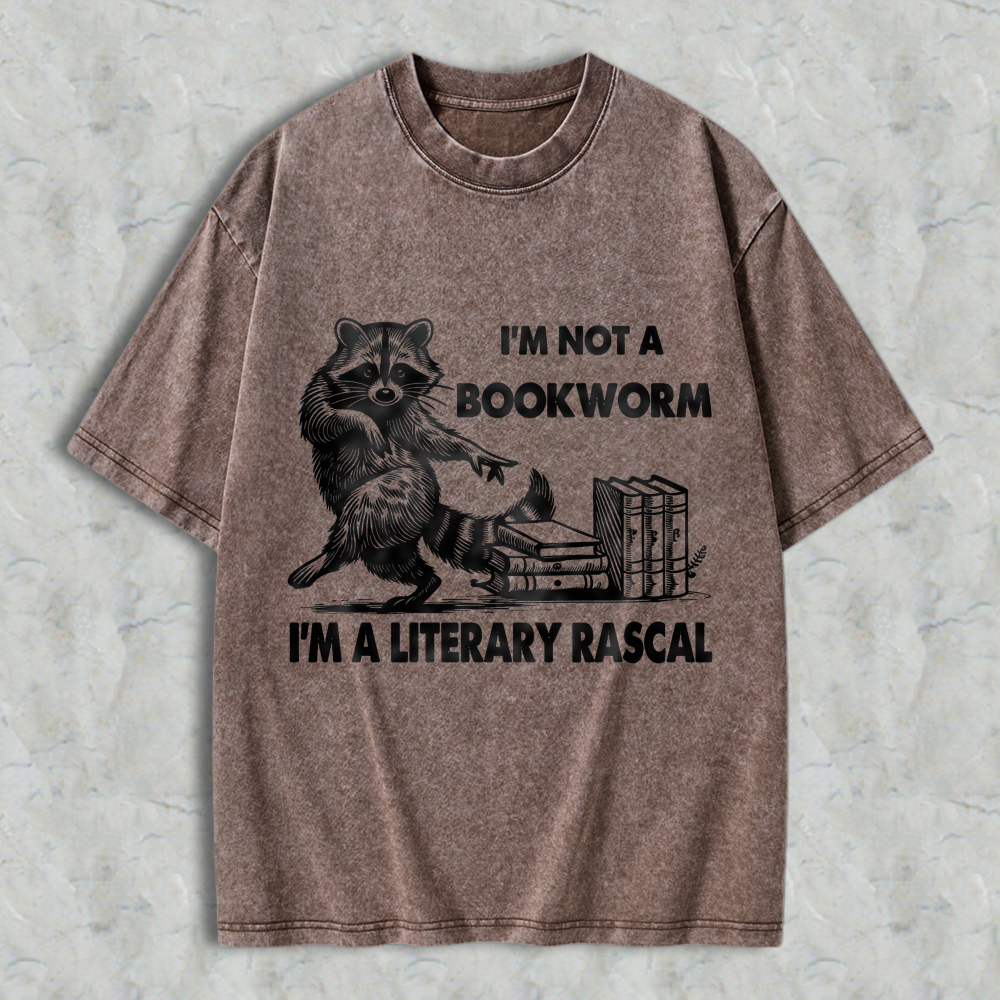 Wardrobecart Raccoon Reading Books I'm Not A Bookworm I'm A Literary Rascal Unisex Washed T-shirt