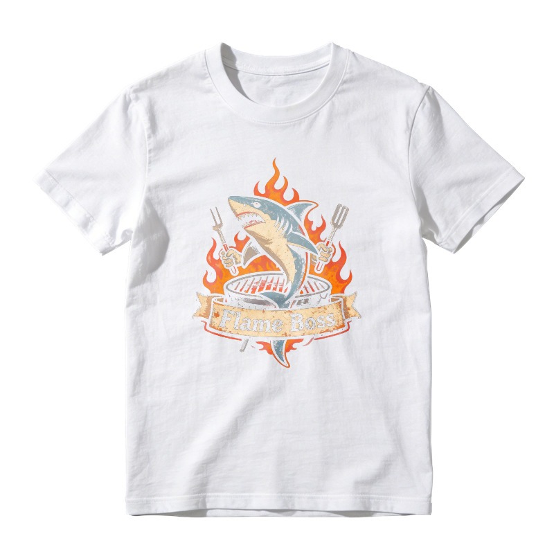 Shark Holding Forks Over Grill With Flames And Flame Boss Banner Unisex Classic T-shirt