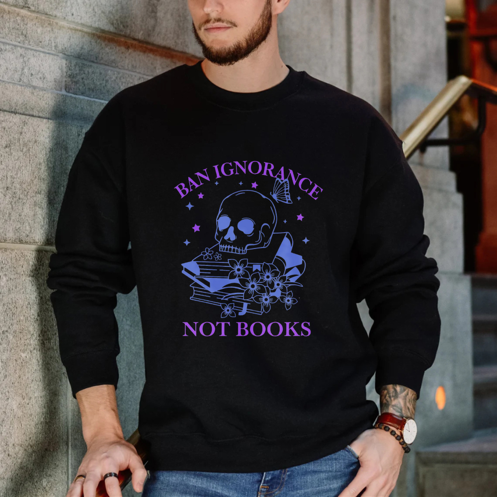 Wardrobecart Skull With Books And Flowers Ban Ignorance Not Books Unisex Classic Sweatshirt