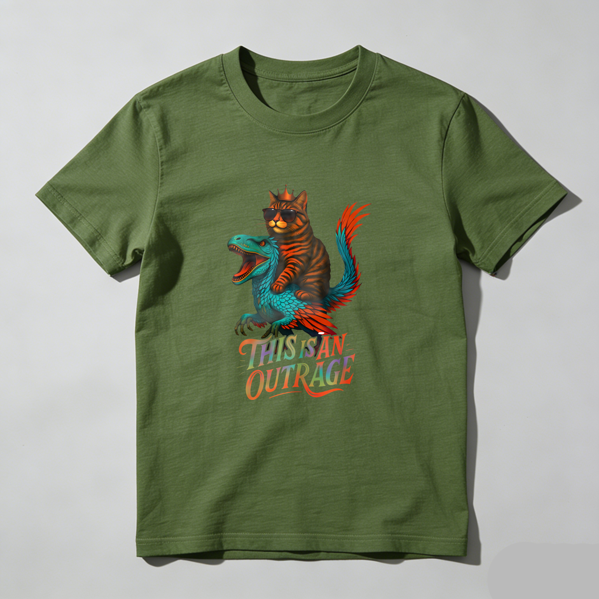 Wardrobecart Cat Riding Dinosaur This Is An Outrage Tshirt