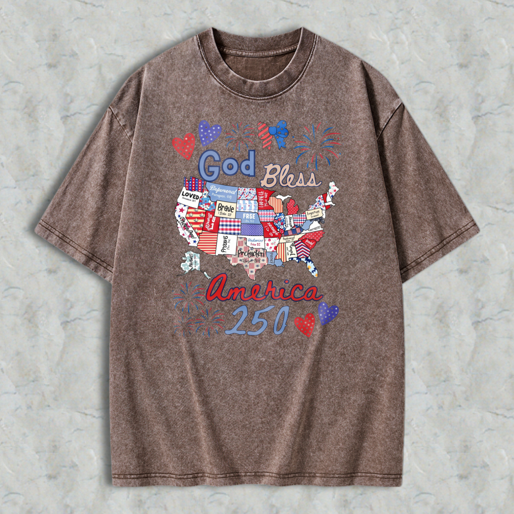 God Bless America 250 Usa Map With Patriotic Symbols And Fireworks Washed T-shirt