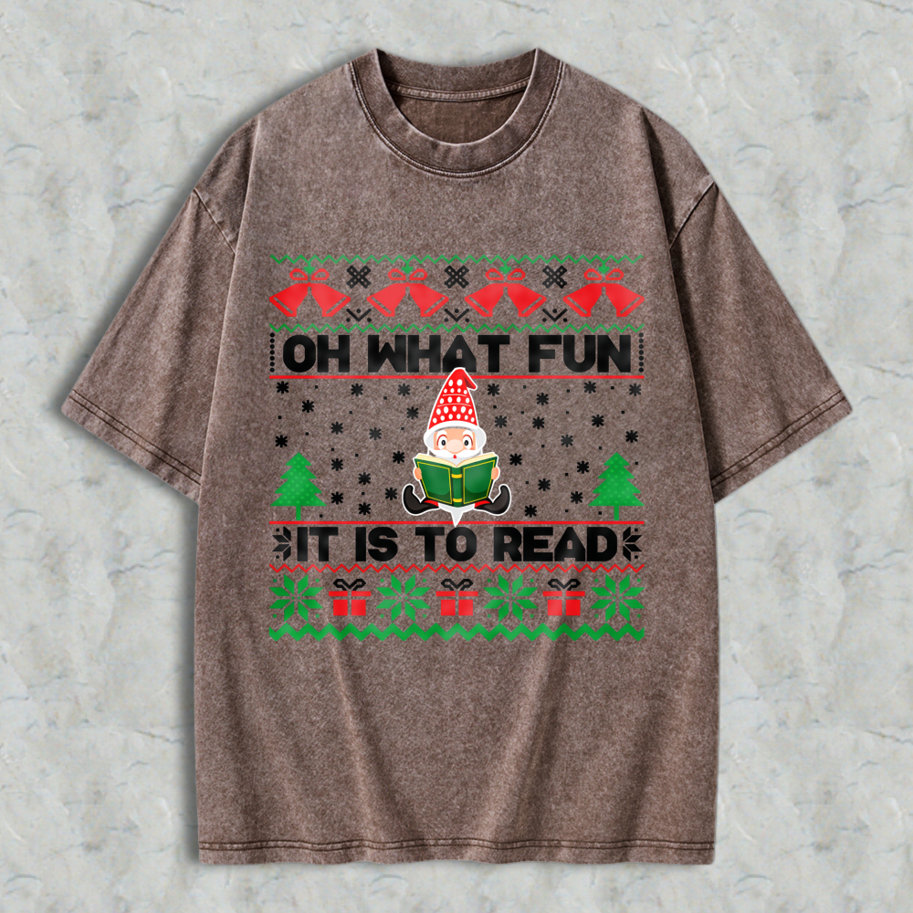 Wardrobecart Christmas Elf Reading Book With Trees And Gifts Pattern Unisex Washed T-shirt