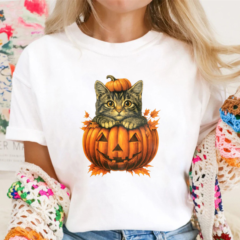 Cute Tabby Cat In Carved Halloween Pumpkin With Autumn Leaves, Unisex Classic T-shirt