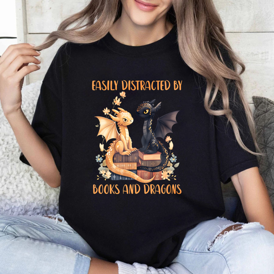 Wardrobecart Easily Distracted By Books And Dragons Tshirt