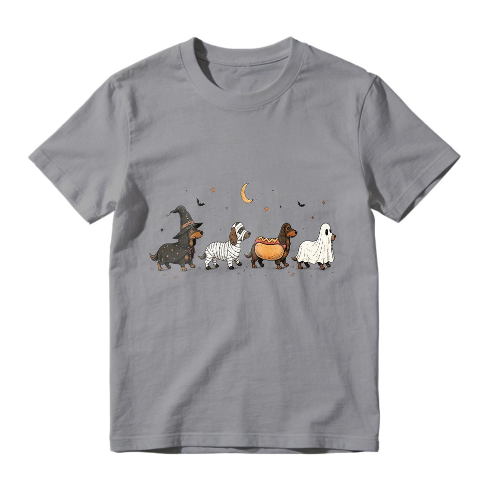 Halloween Dachshund Dogs In Witch Mummy Hotdog Ghost Costumes Under Moon And Stars, Unisex Classic T-shirt