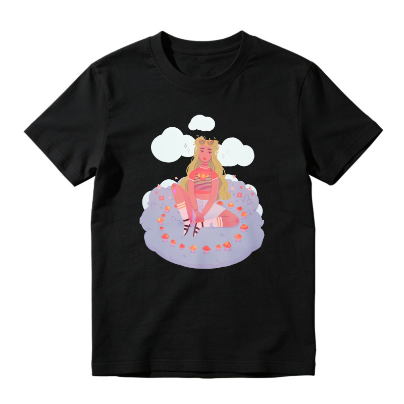 Cartoon Girl Sitting On Cloud With Flowers And Stars, Unisex Classic T-shirt