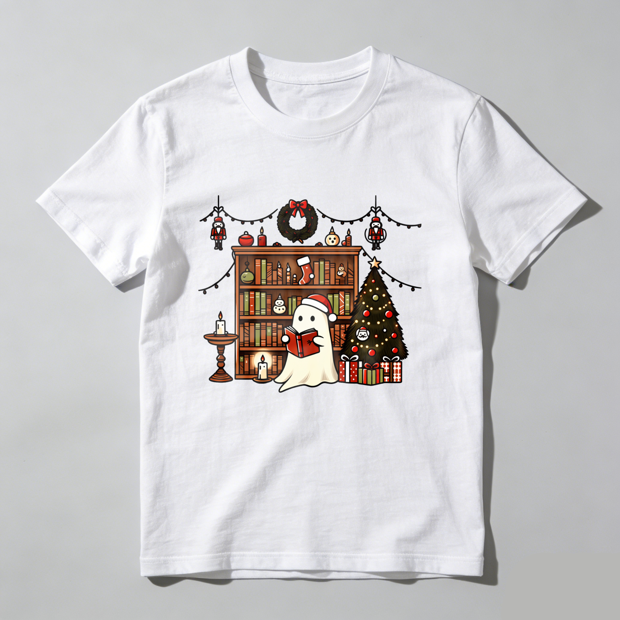 Wardrobecart Ghost Reading Book Christmas Tree Shelf Decorations Tshirt