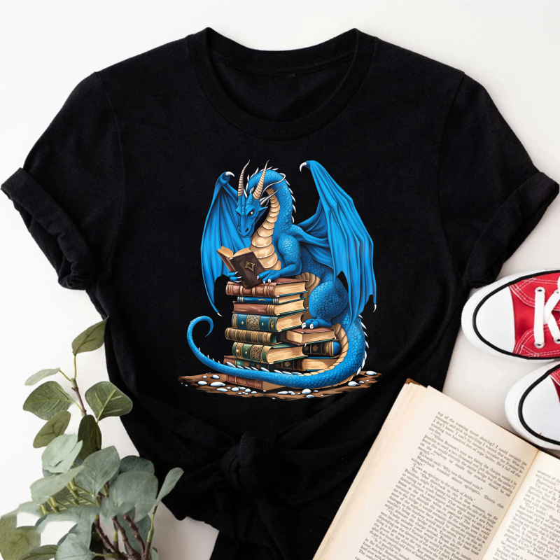 Wardrobecart Blue Dragon Reading Books Stack Tshirt