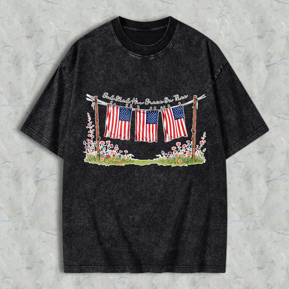 American Flag On Clothesline With Flowers And Text Washed T-shirt