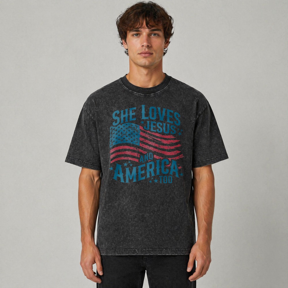She Loves Jesus And America Too American Flag Design Washed T-shirt