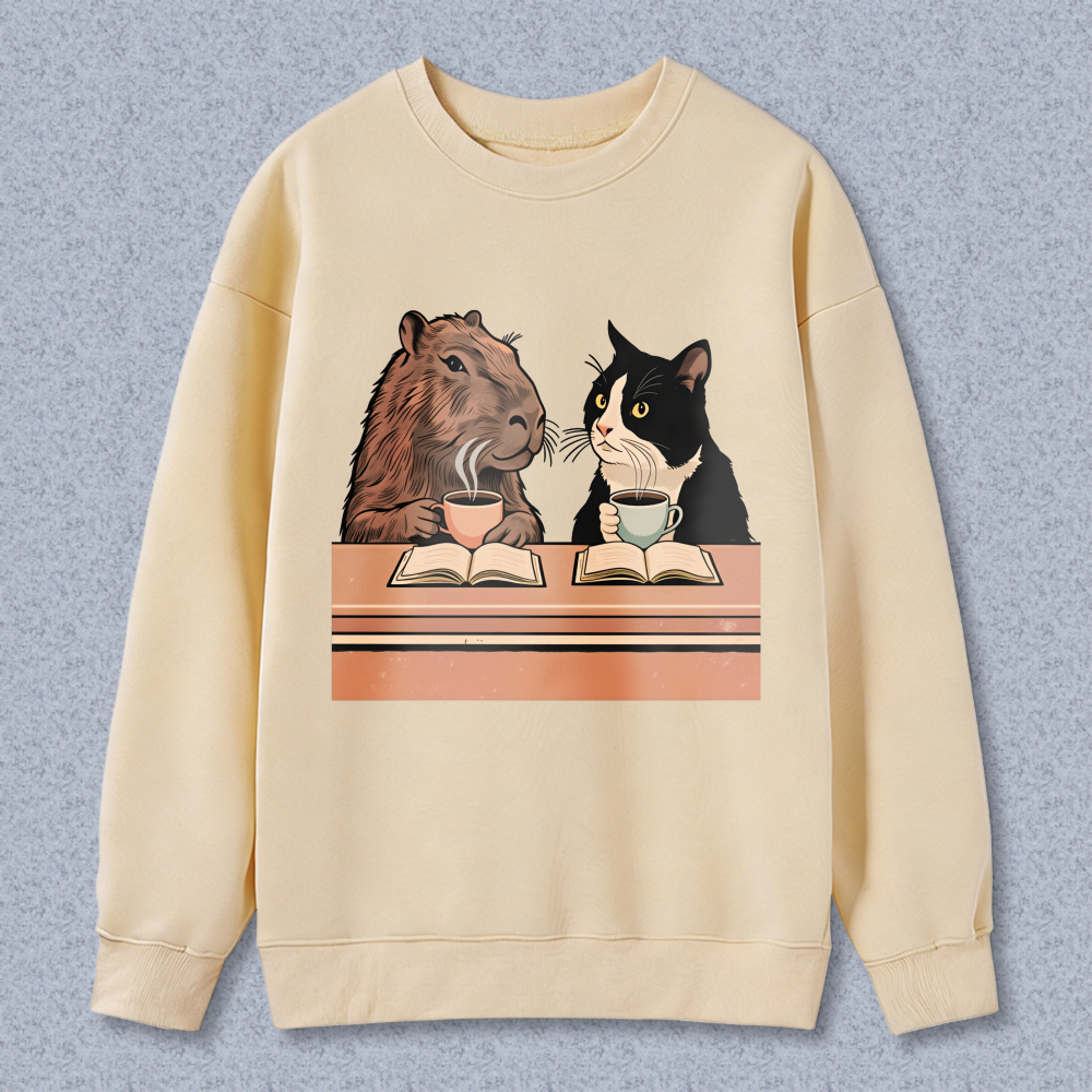 Wardrobecart Capybara And Cat Reading Books With Tea Unisex Classic Sweatshirt