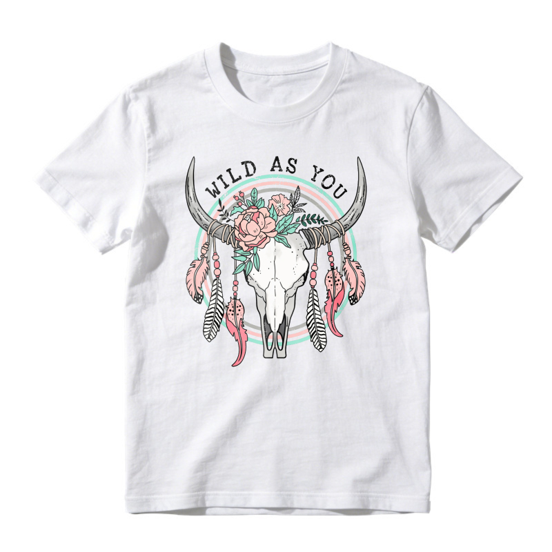Wild As You Bull Skull With Flowers And Feathers, Unisex Classic T-shirt