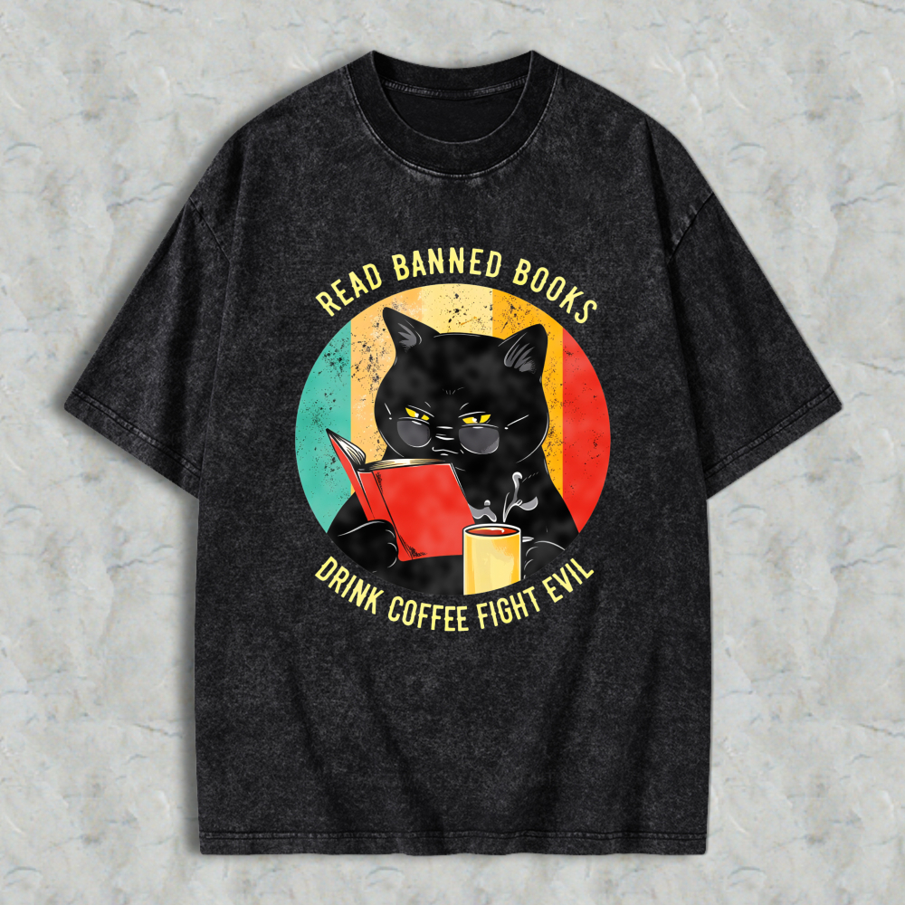 Wardrobecart Cat Reading Book With Coffee And Banned Books Text Unisex Washed T-shirt