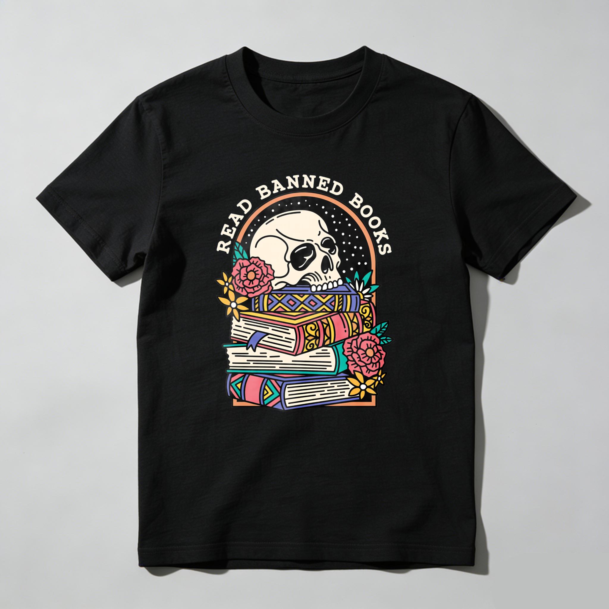 Wardrobecart Read Banned Books Skull Books Flowers Rainbow Tshirt
