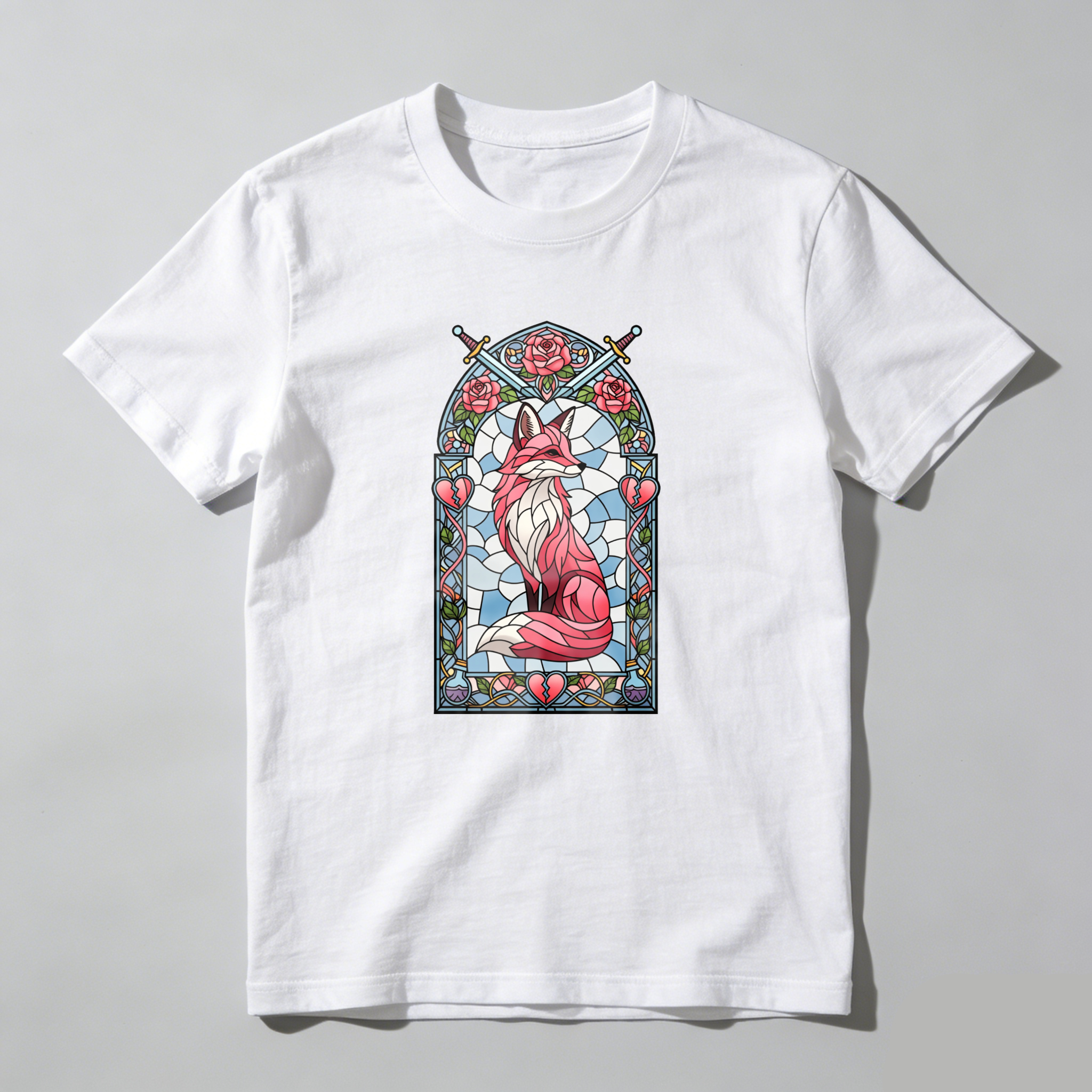 Wardrobecart Stained Glass Fox With Roses And Heart Tshirt