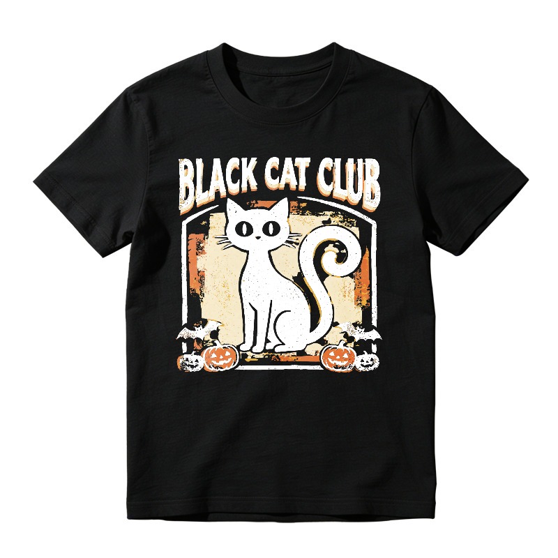 Black Cat Club Halloween White Cat And Pumpkins Graphic, Unisex Classic T-shirt