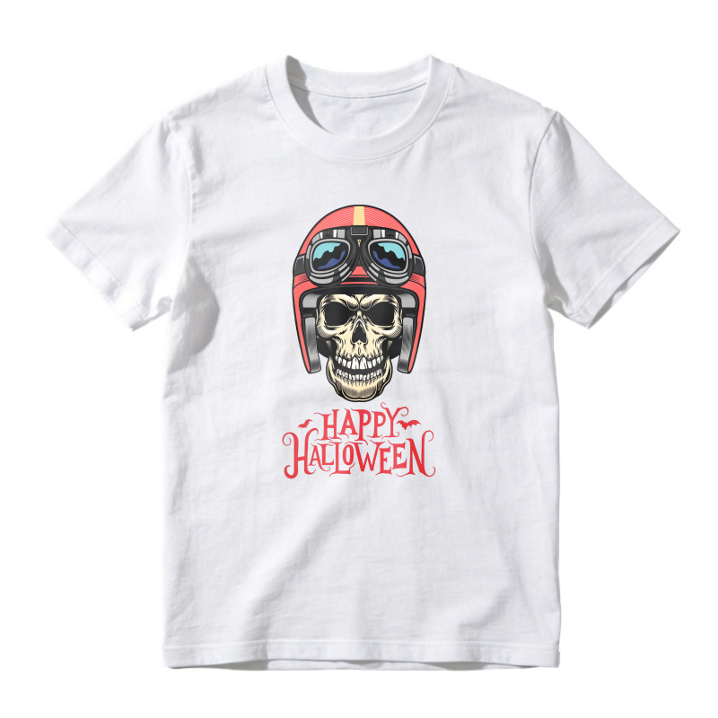 Skull Wearing Red Motorcycle Helmet With Goggles And Happy Halloween Text Unisex Classic T Shirt