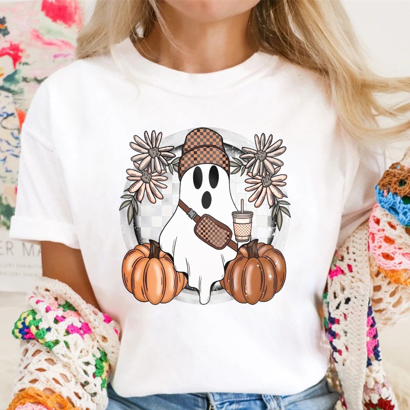 Cute Ghost With Pumpkin And Coffee Cup Floral Frame, Unisex Classic T-shirt