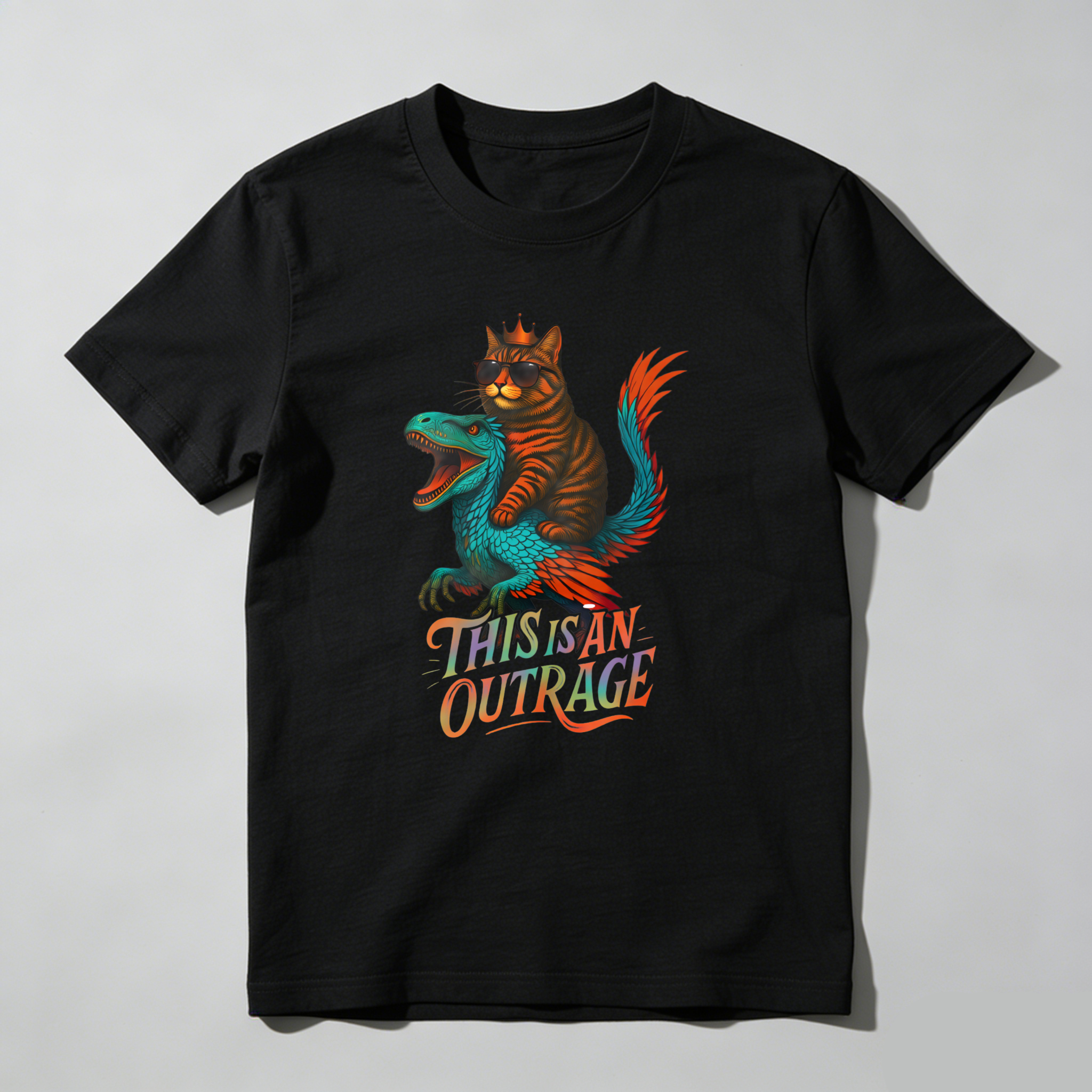 Wardrobecart Cat Riding Dinosaur This Is An Outrage Tshirt