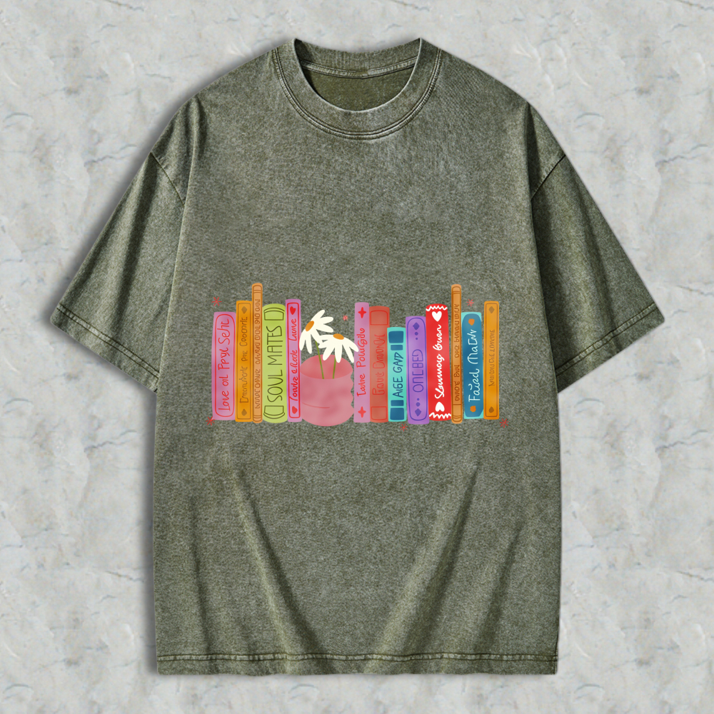 Wardrobecart Bookshelf With Palm Tree And Colorful Books Unisex Washed T-shirt