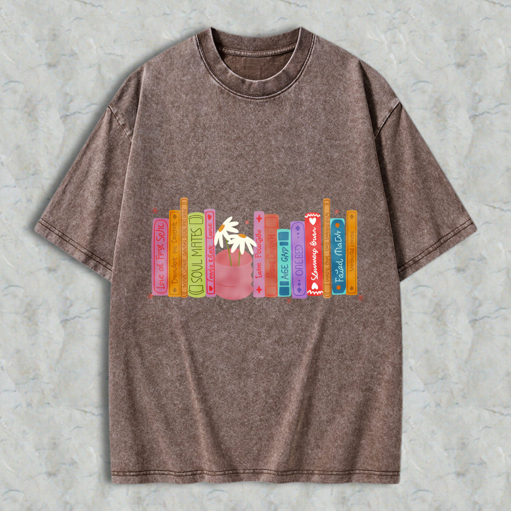 Wardrobecart Bookshelf With Palm Tree And Colorful Books Unisex Washed T-shirt