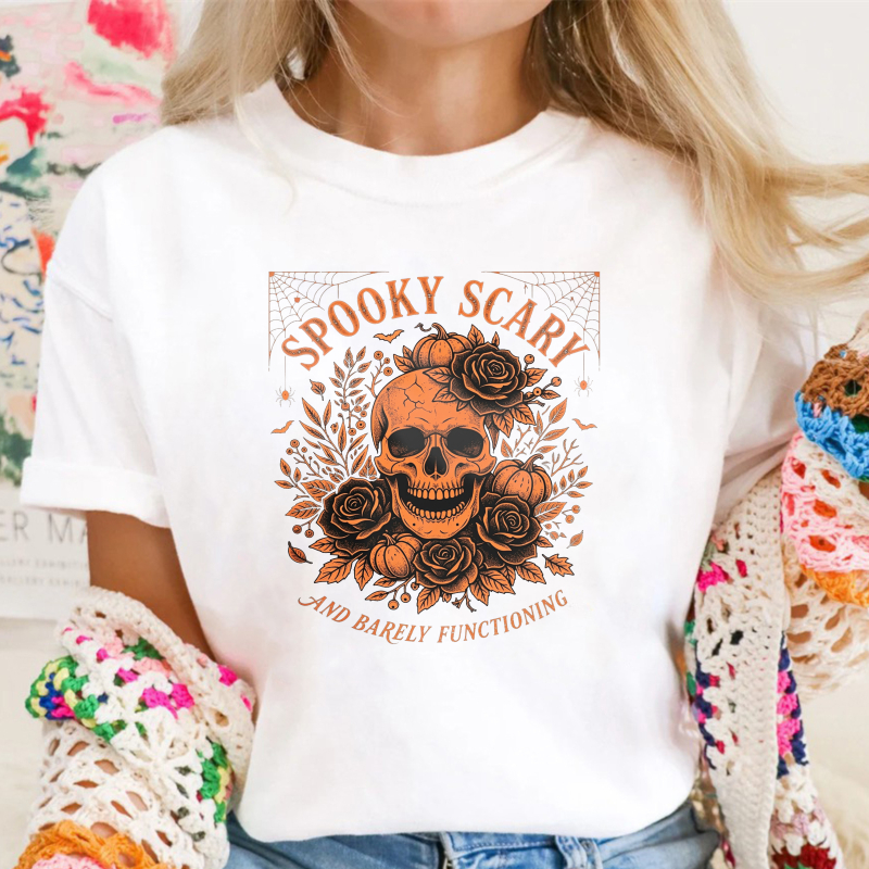 Spooky Scary Skull With Roses And Pumpkins Halloween Graphic, Unisex Classic T-shirt