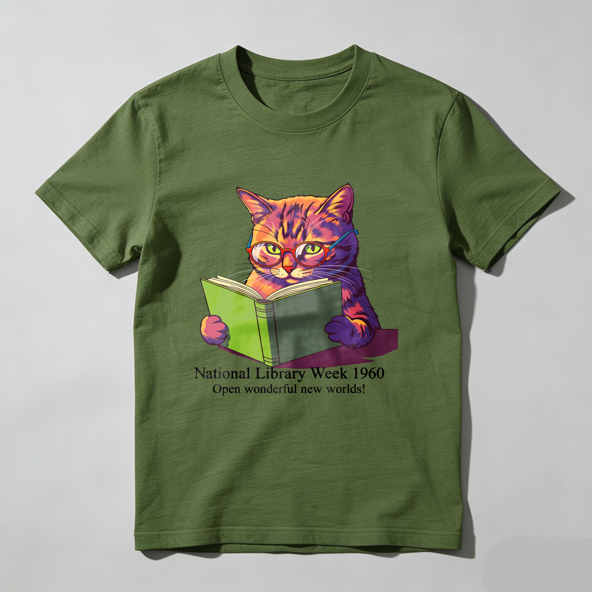 Wardrobecart Cat Reading Book National Library Week 1960 Tshirt 100% cotton
