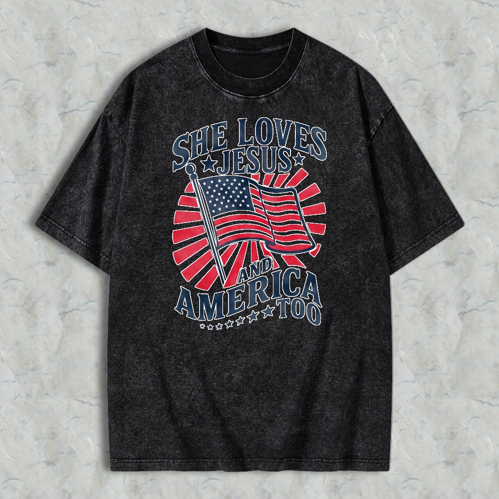 She Loves Jesus And America Too American Flag Design Washed T-shirt