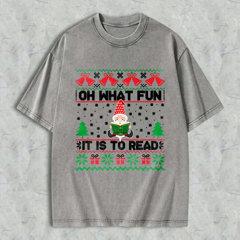 Wardrobecart Christmas Elf Reading Book Pattern Unisex Washed T-shirt