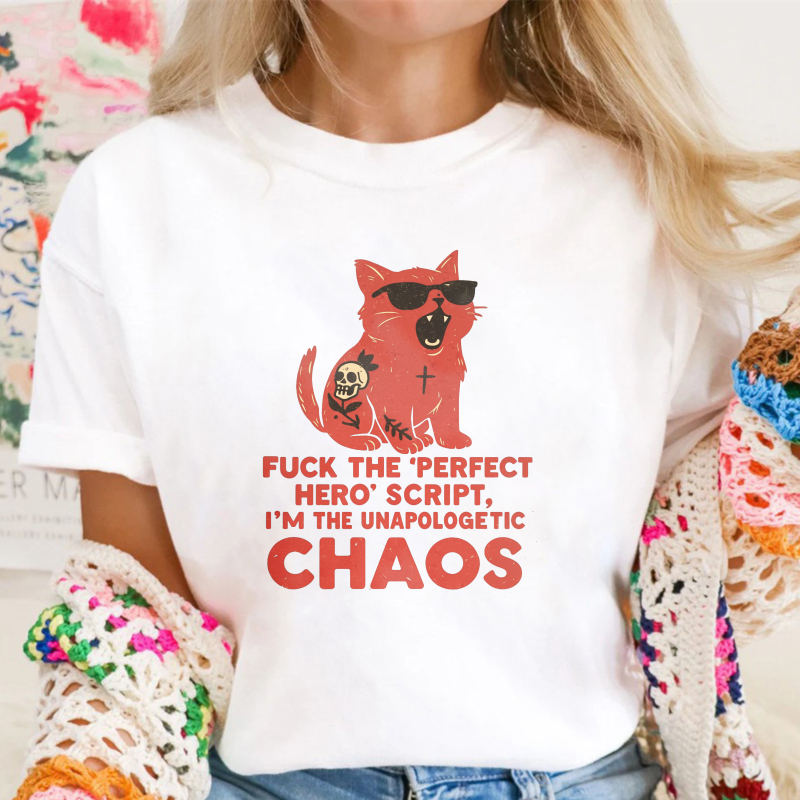 Red Cat With Sunglasses And Skull, Unapologetic Chaos Quote Graphic, Unisex Classic T-shirt