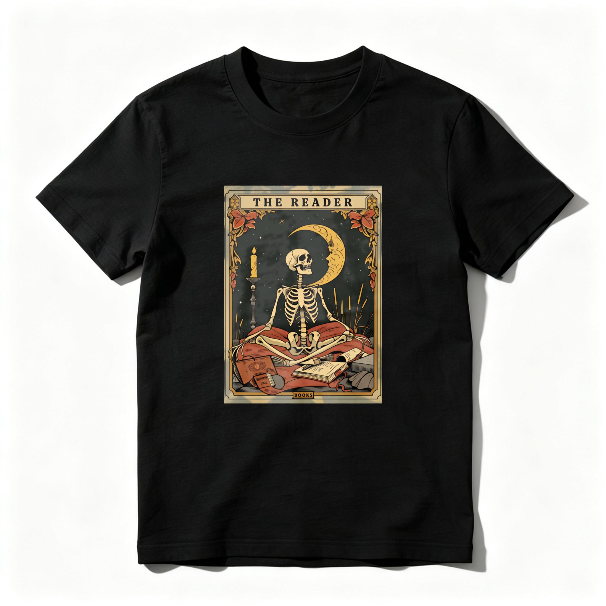 Wardrobecart The Reader Skeleton Tarot Card Design tshirt