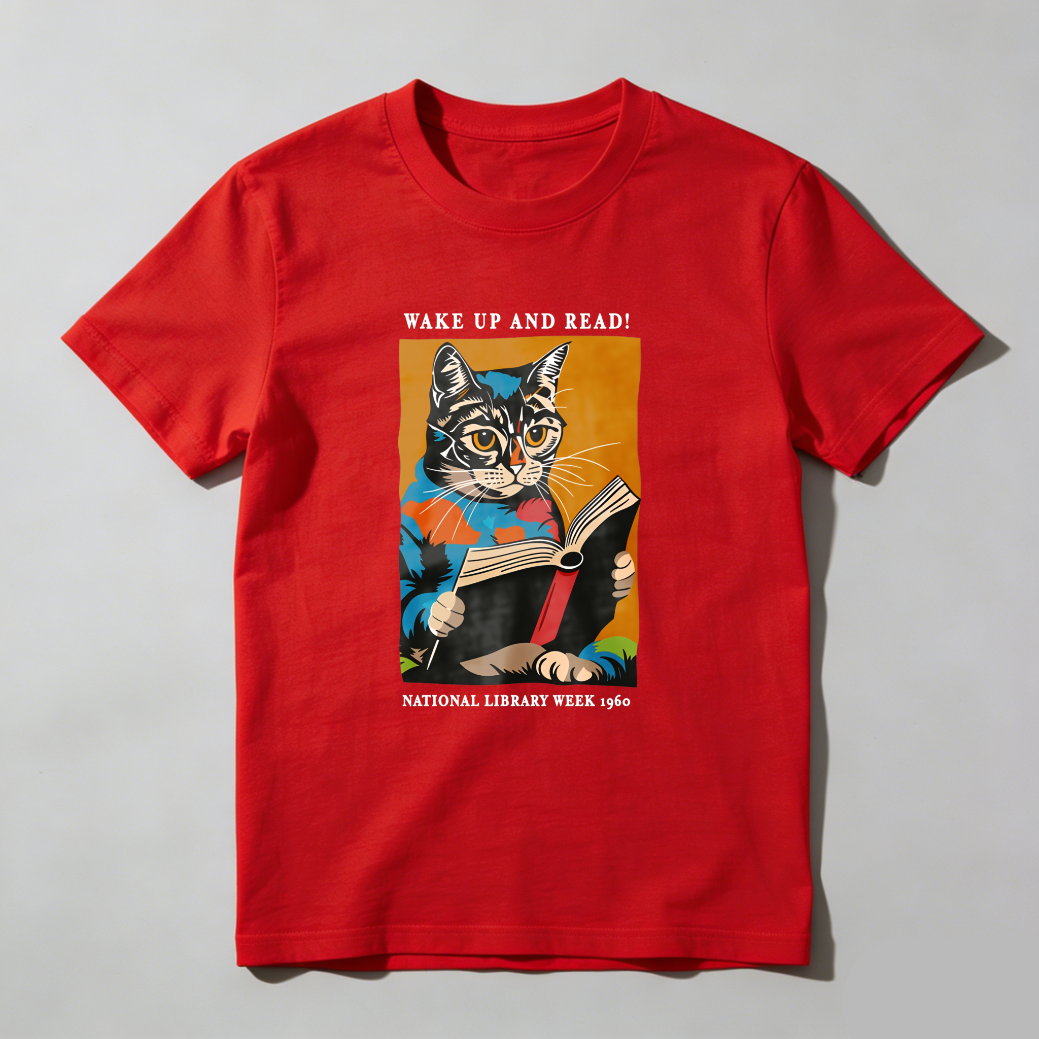 Wardrobecart Wake Up And Read Cat Reading Book Tshirt