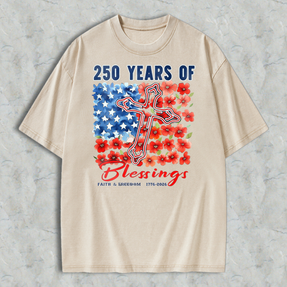 250 Years Of Blessings American Flag Cross And Flowers Washed T-shirt