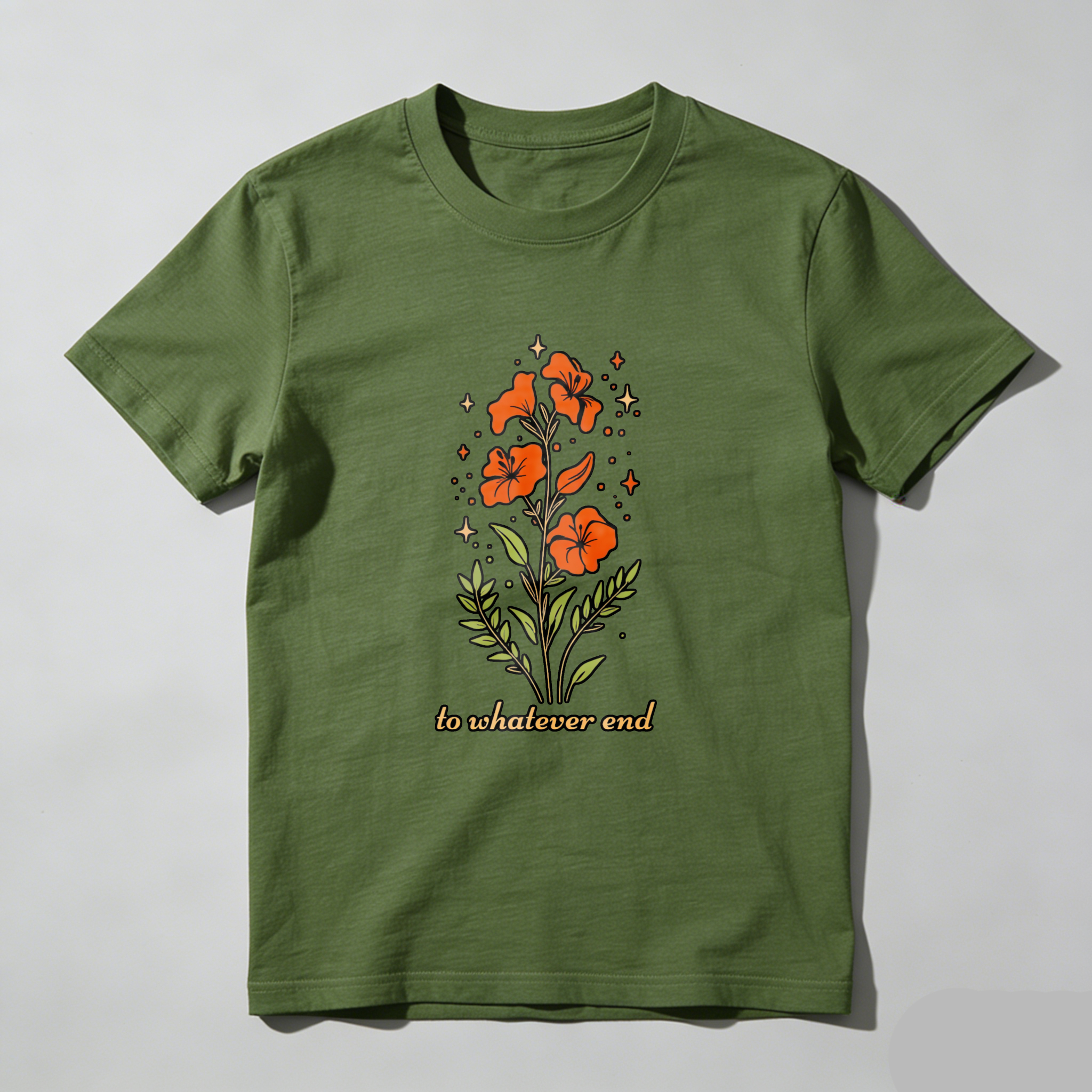 Wardrobecart Orange Flowers With Green Leaves And Stars tshirt