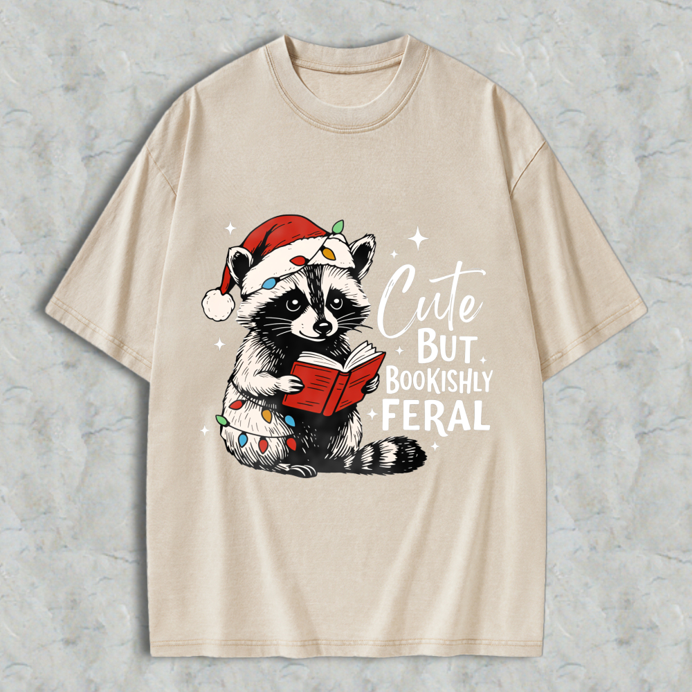 Wardrobecart Cute But Bookishly Feral Raccoon Reading Christmas Book Unisex Washed T-shirt