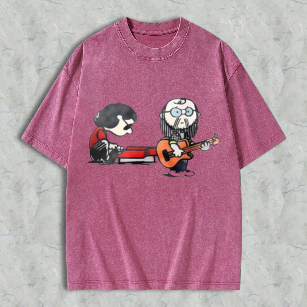 Cartoon Musicians Playing Guitar And Keyboard Graphic Washed T-shirt