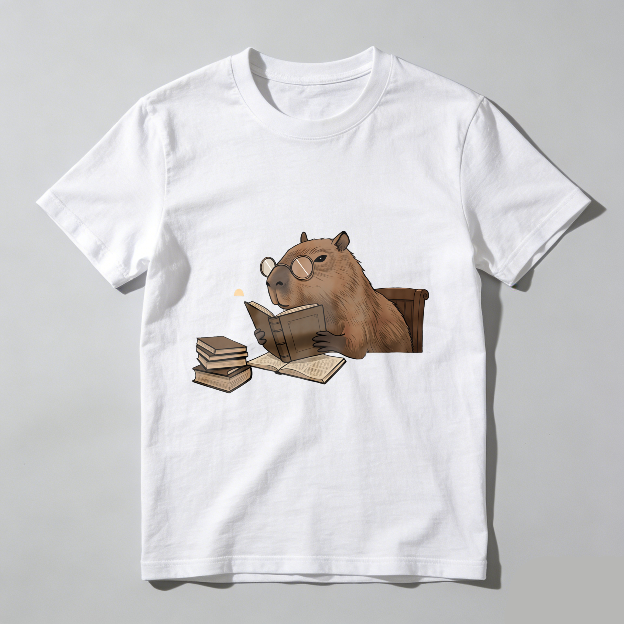Wardrobecart Capybara Reading Book With Glasses And Stack Of Books Tshirt