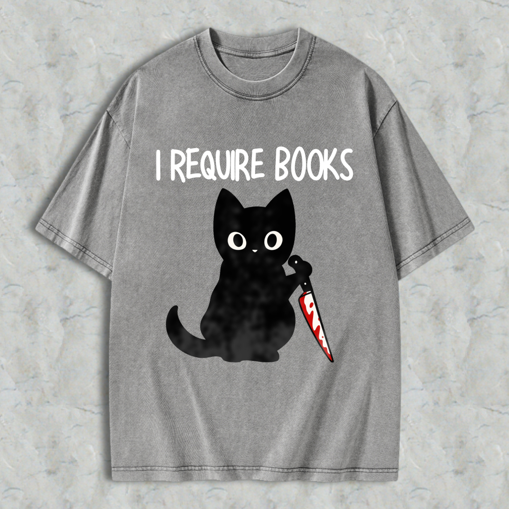 Wardrobecart Cat With Knife And Books Text Unisex Washed T-shirt