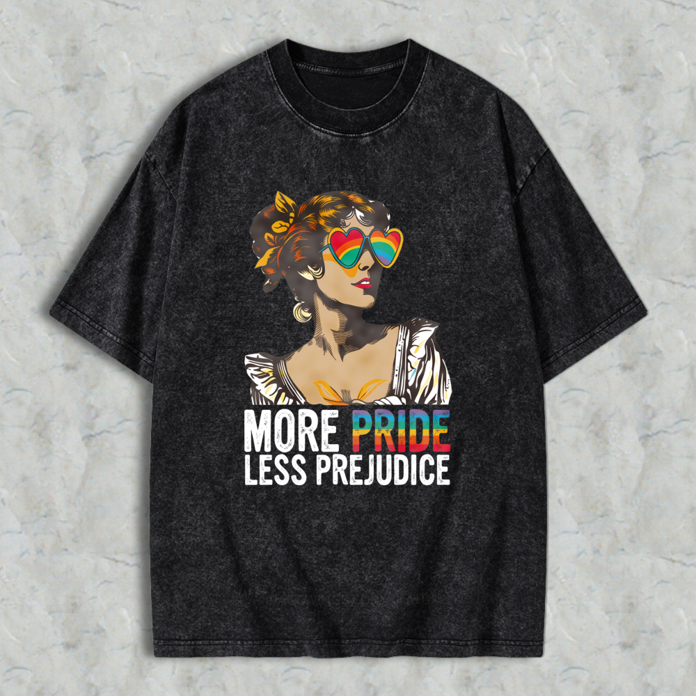 Wardrobecart Pride And Prejudice Parody With Rainbow Heart Sunglasses And Regency Style Woman More Pride Less Prejudice Unisex Washed T-shirt
