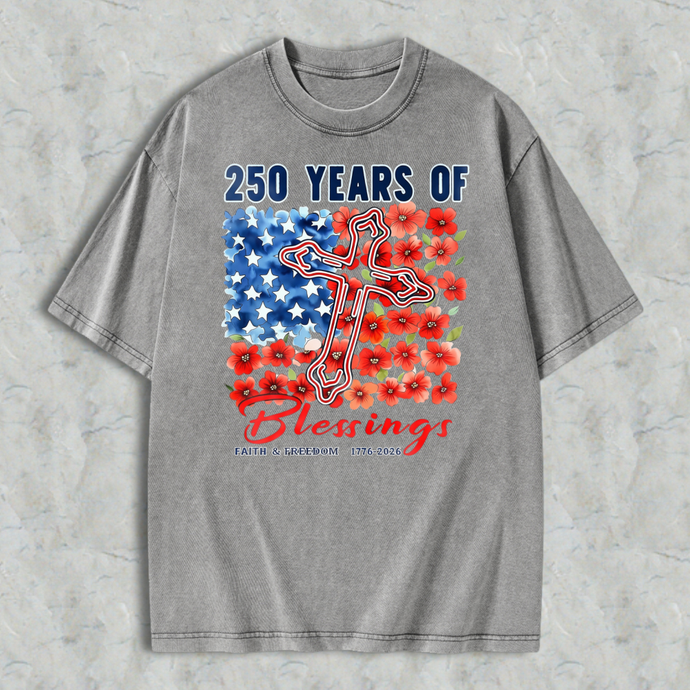 250 Years Of Blessings American Flag Cross And Flowers Washed T-shirt