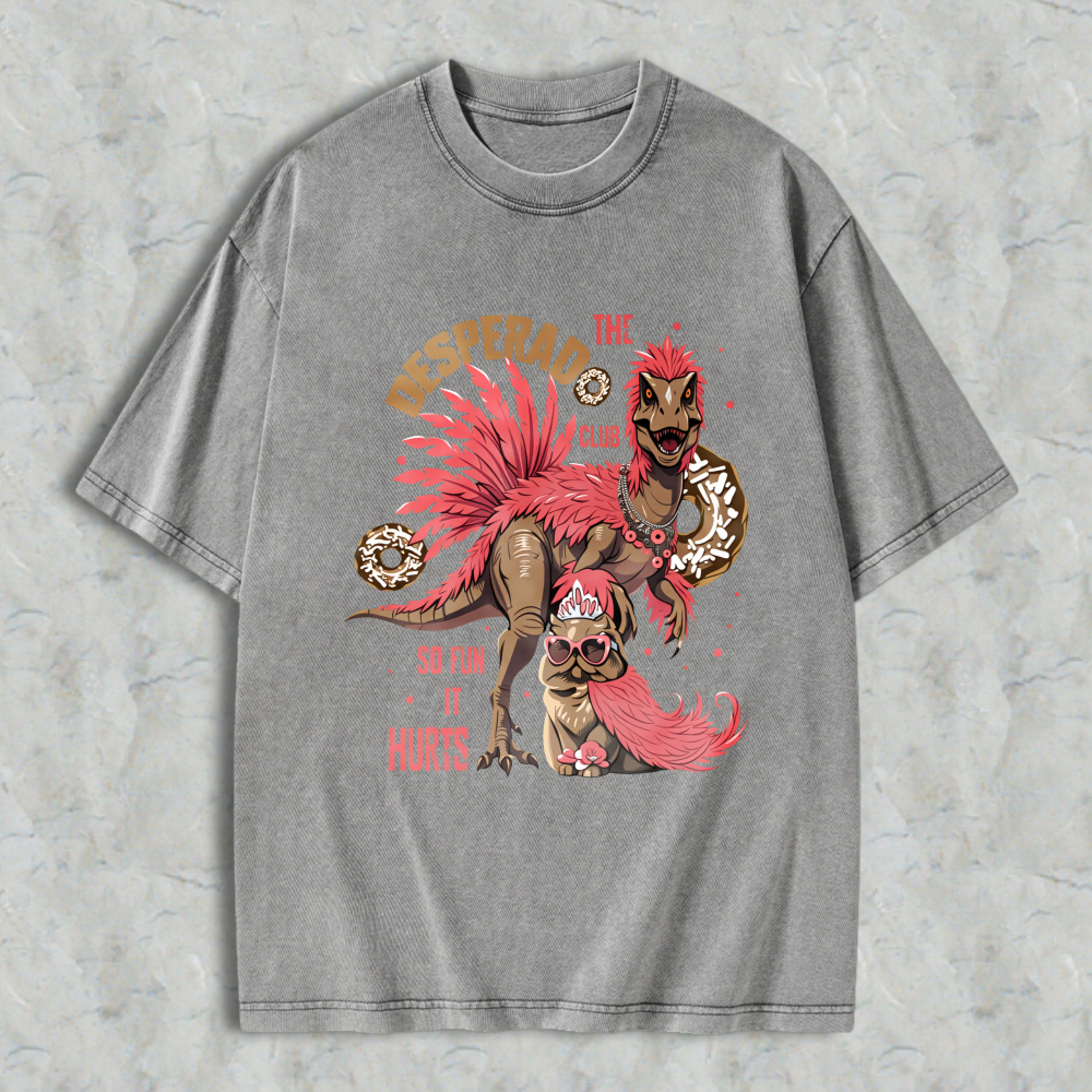 Wardrobecart Desperado Club Dinosaur With Donuts And Pink Hair Unisex Washed T-shirt