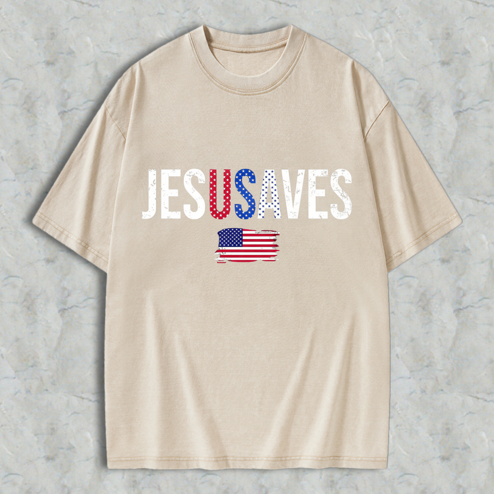 Jesus Saves With American Flag Design Washed T-shirt