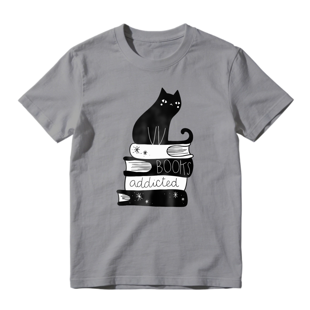 Cat Sitting On Stack Of Books With Books Addicted Text, Unisex Classic T-shirt