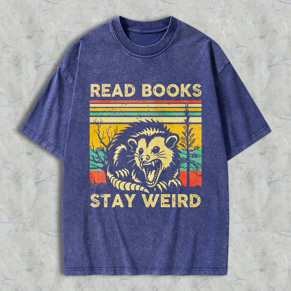 Wardrobecart Read Books Stay Weird Opossum Vintage Design Unisex Washed T-shirt